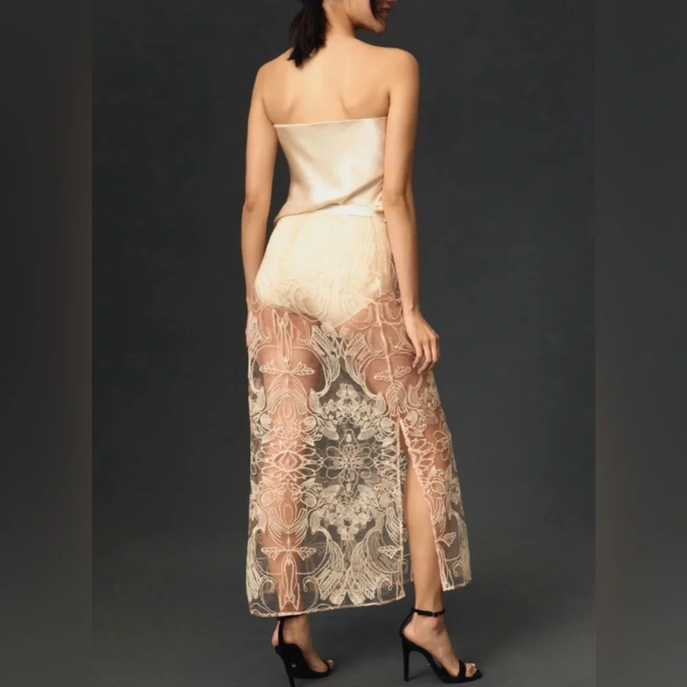 Anthropologie Sheer Embroidered Cream Midi Skirt - Picture 4 of 12